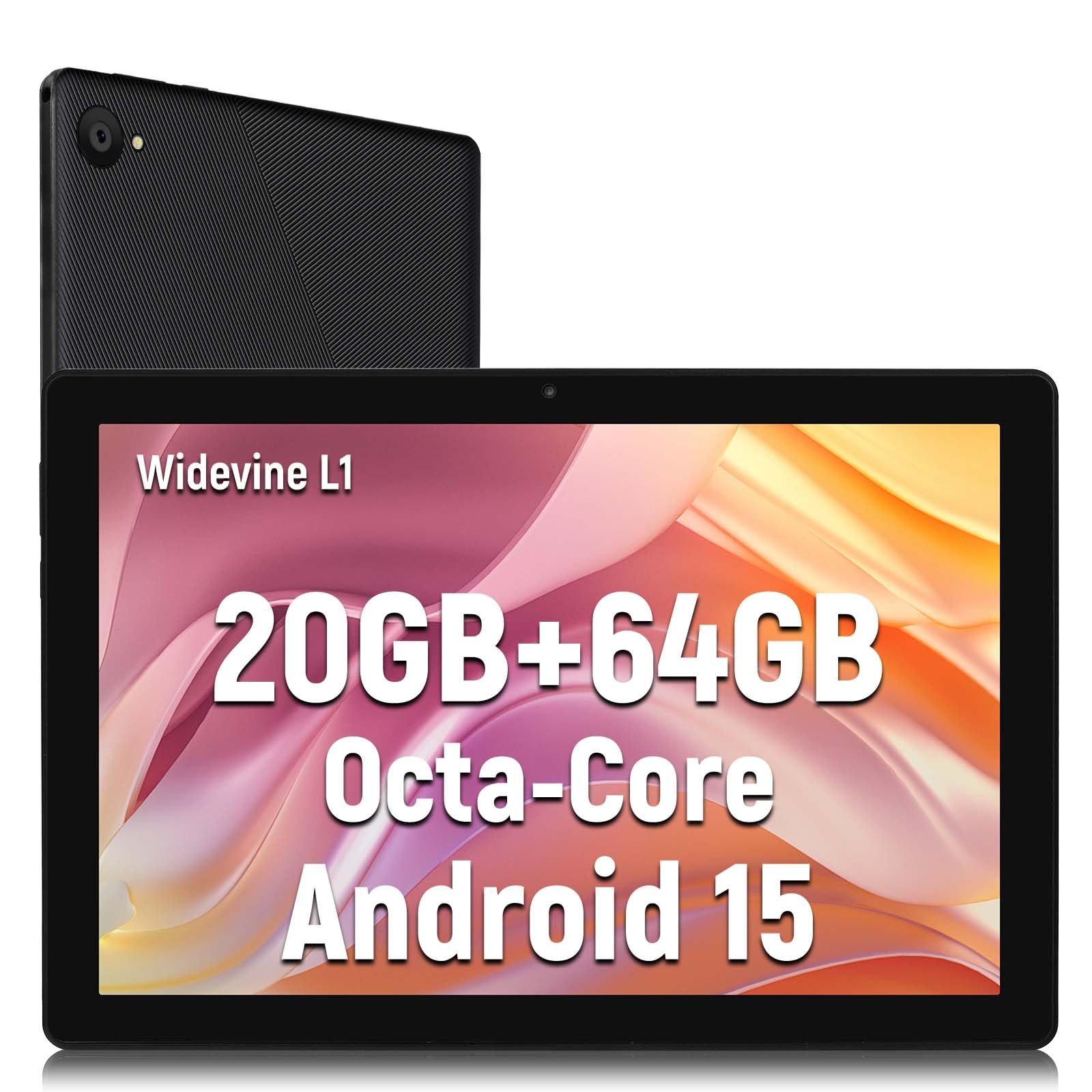 Tablet 10 Inch Android 15 Tablets 1280x800 HD IPS Touchscreen Octa-Core Processor 20 GB RAM + 64 GB ROM (Expand to 1TB) 5 MP + 8 MP Dual Camera 5000 mAh Battery (Black)