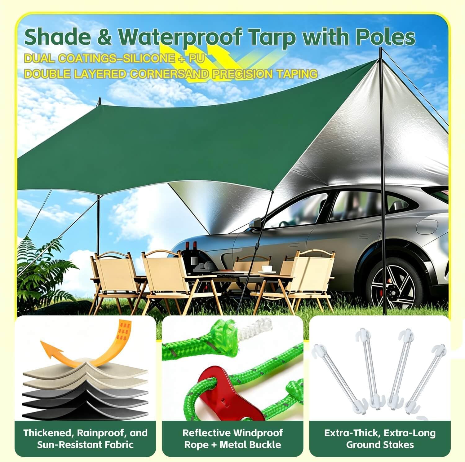 Camping Rain Fly with Heavy Duty Poles Kit, 15x10FT Tarp Oxfordfabric Tent Waterproof UV Protection(Green) (Green)