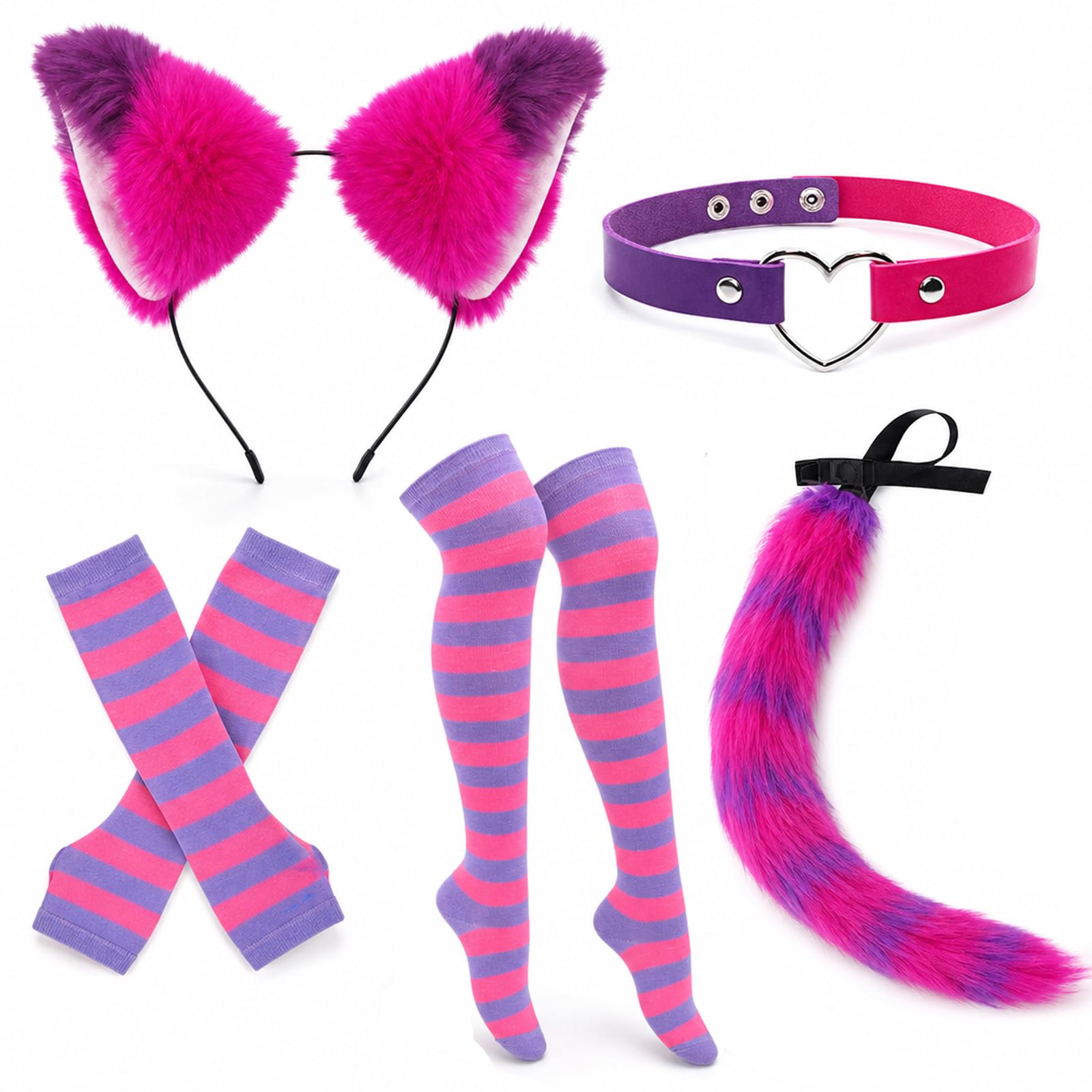 SrgPui 5Pcs Cheshire Cat Costume Adult, Pink Purple Striped Cat Costume