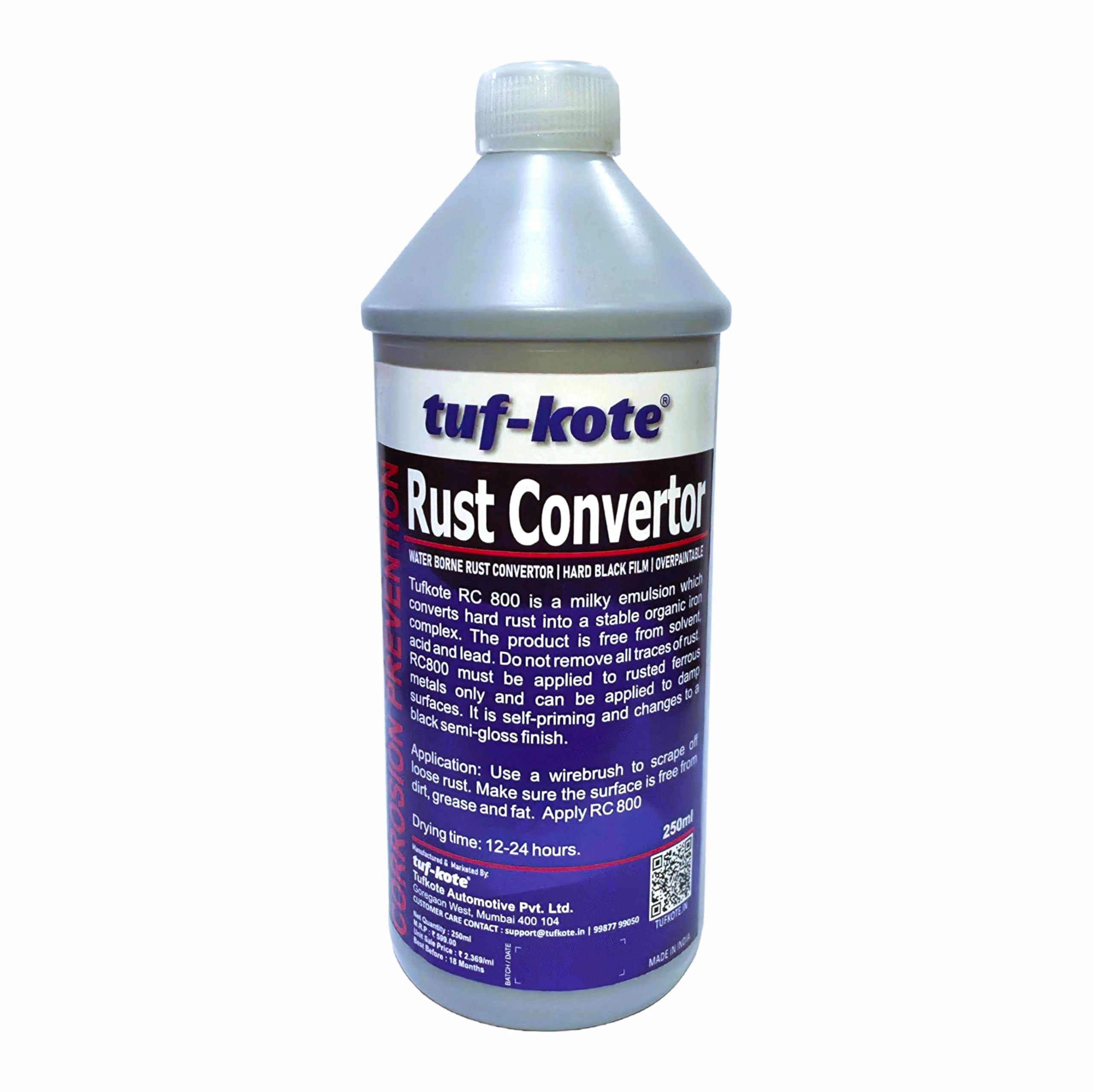 tuf-kote® CONVERUST RC800 Water-Based Rust Converter Primer All-in-One, Ultimate One-Step Solution to Convert Rusted Metal Surfaces & Prevent Further Rusting [250ML]
