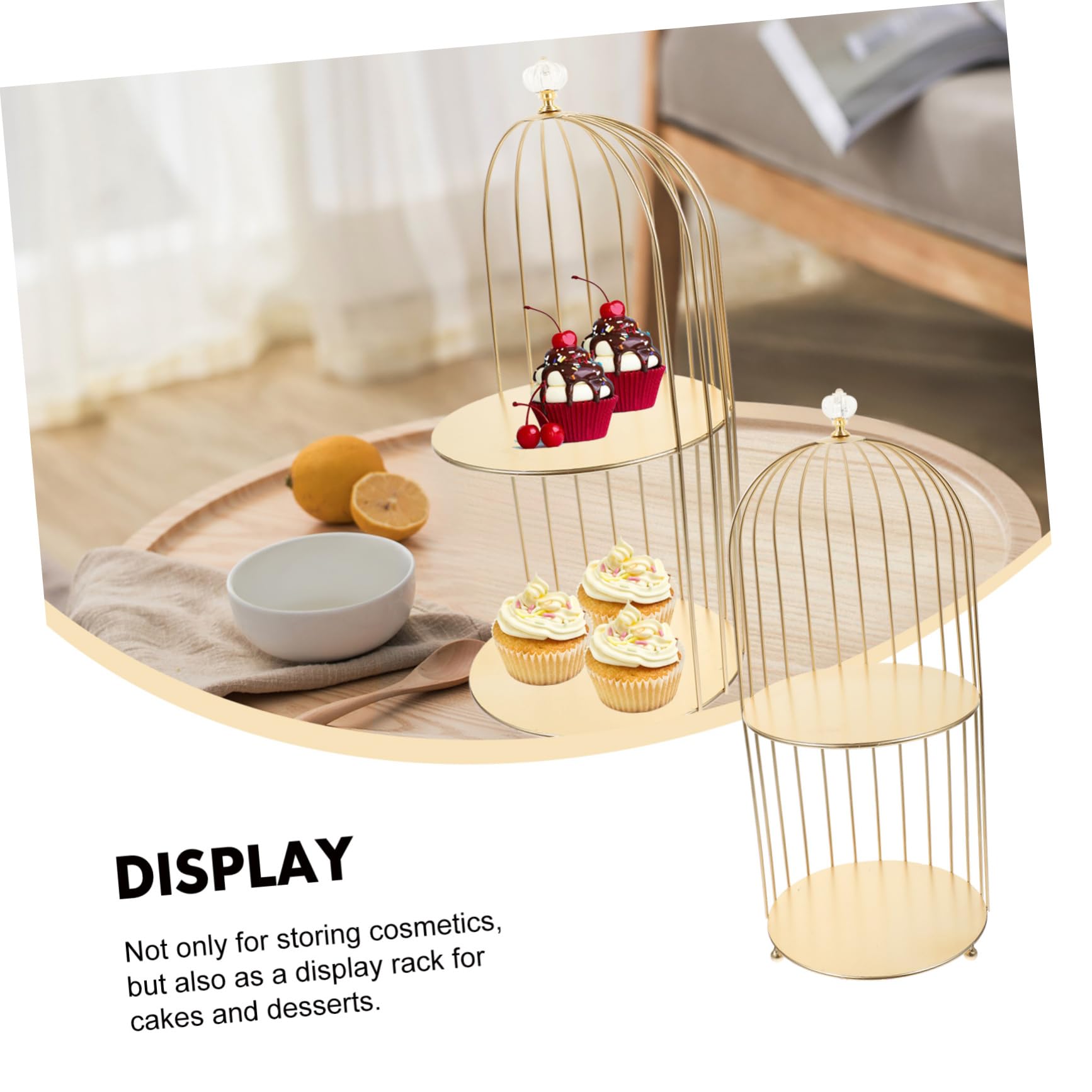 LABRIMP Goldener Vogelkäfig Doppelschicht Dessertständer und Make Up Organizer aus Eleganter Kosmetikhalter Platzsparendes Aufbewahrungsregal für Hochzeit Party und Schreibtisch