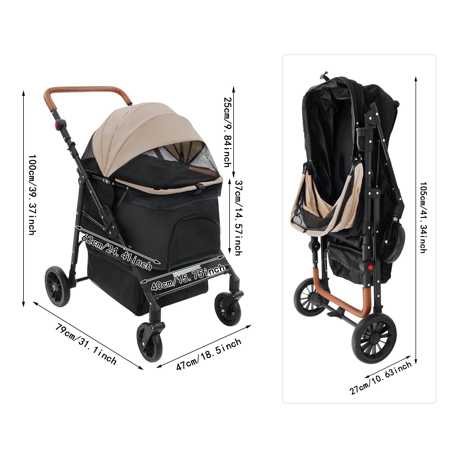 Carrello per cani 2 in 1, pieghevole con due scomparti separati, passeggino per animali domestici fino a 15 kg, con maniglia regolabile, per cani e gatti di piccola taglia (nero + cachi)