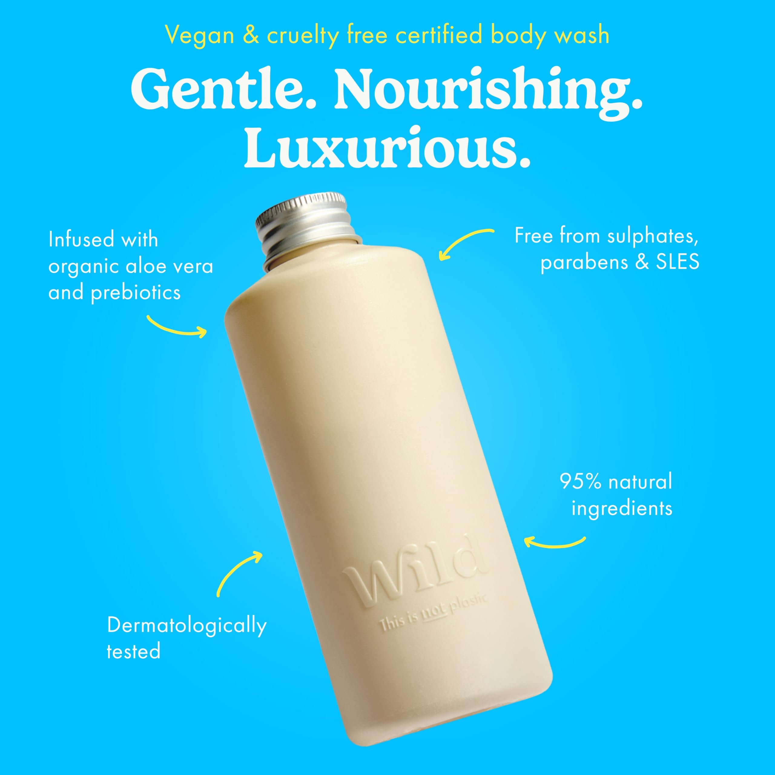 Wild Kit de inicio de gel de baño recargable - Carcasa de aluminio color marfil y 3 recambios en varios aromas - 95% ingredientes naturales - Aromas Coconut & Vanilla Honey & Almond y Amber & Oud