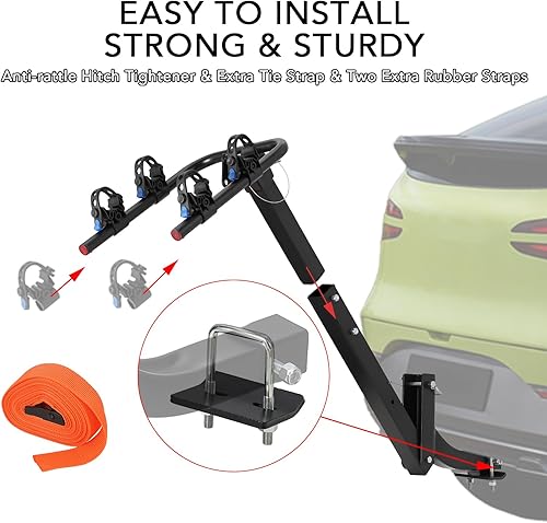 Miniatura 3 de Soporte para 2 bicicletas para coches, portabicicletas plegable para automóvil, SUV, RV, portabicicletas con estabilizador, correas de goma,