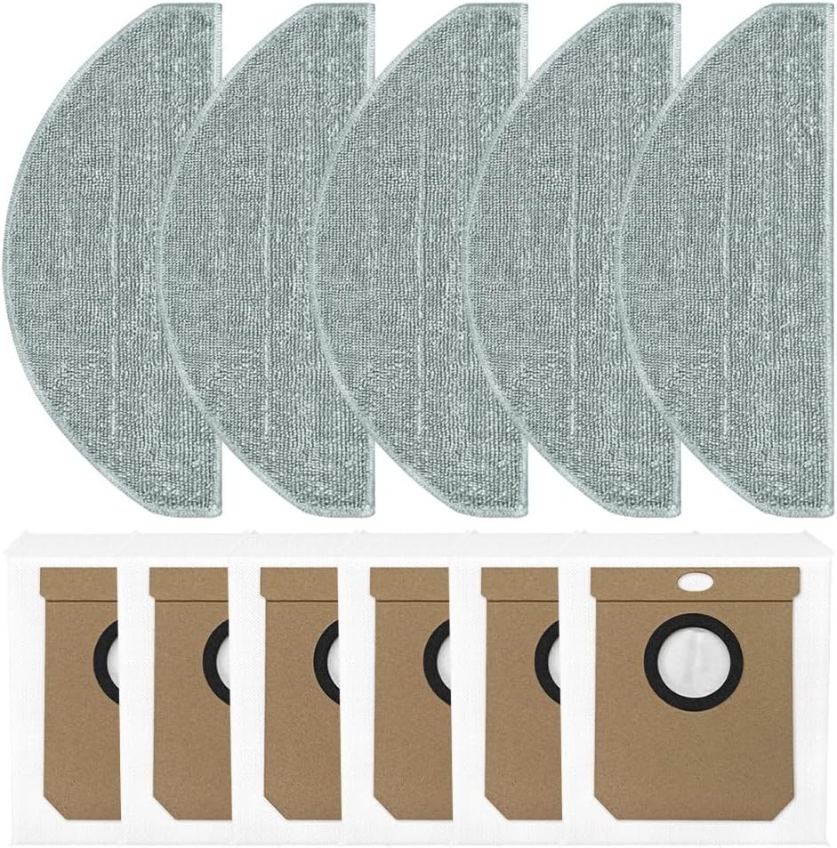 DEERMA S30 Robot Vacuum Replacement Kit: 5 Microfiber Mop Cloths + 6 Dust Bags, Clog-Free & Strong-Seal Design, Compatible with DEM-S30