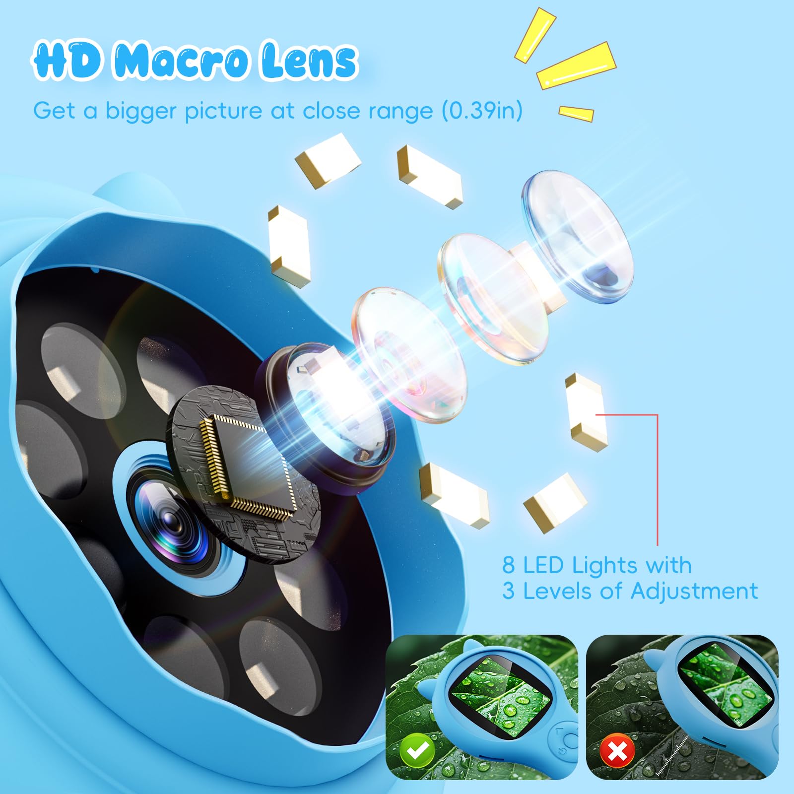 Microscopio per bambini 200X- 2 Pollici Microscopio Portatile con 8 LED Regolabili, MicroscopioDigitale Supporta la Registrazione di Foto e Video, Regalo di Natale per Bambini dai 3-12 Anni