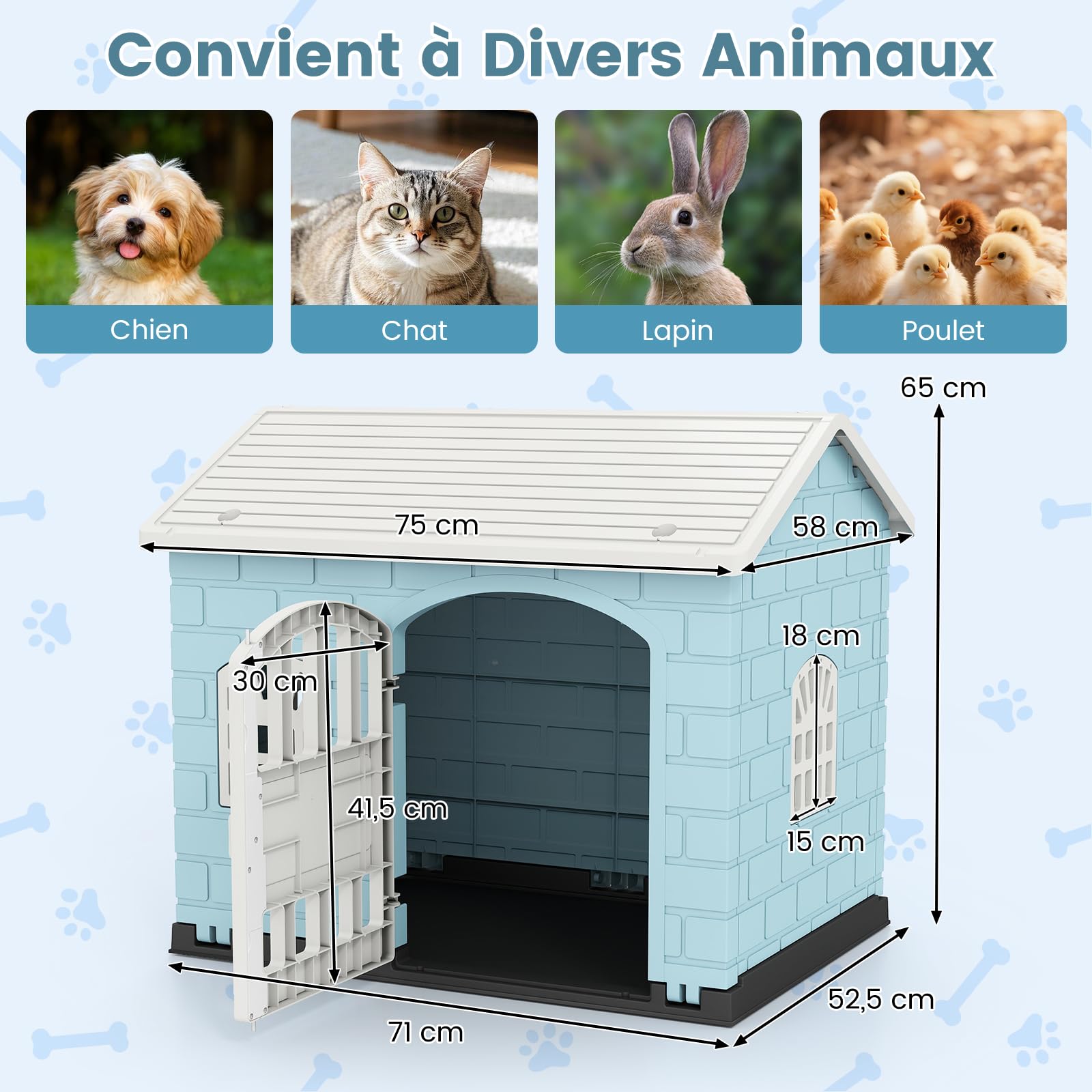 GOPLUS Niche pour Chien Exterieur XXL en PP, Cabane Chien Imperméable&Ventilé, Maison pour Chiot Interieur avec Porte, 3 Fenêtres, Toit Incliné, Plancher Surélevé (Bleu, 75x58x65CM)