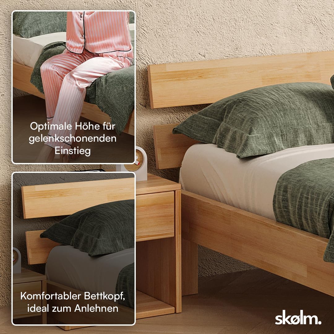 skølm Floki Massivholzbett 180x200 cm aus Buche - hochwertiges Bettgestell - Bettrahmen mit Bettkopf - Holzbett in Natur geölt - Bettrahmen geeignet als Doppelbett - Futonbett - Schlafzimmer Bett