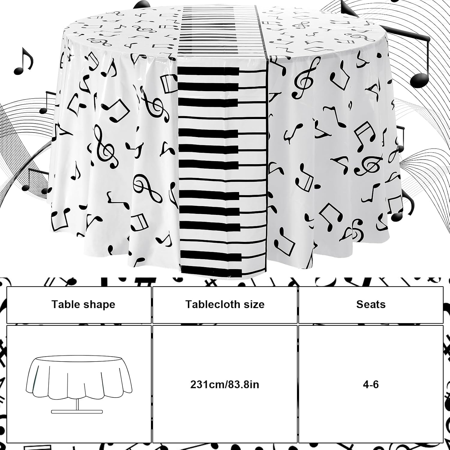 Oudain 6 Pcs Musical Notes Tablecovers Round 84 Inch Music Party Disposable Tablecloths Plastic Table Cover Music Themed Birthday Party Decoration Supplies (Keyboard)
