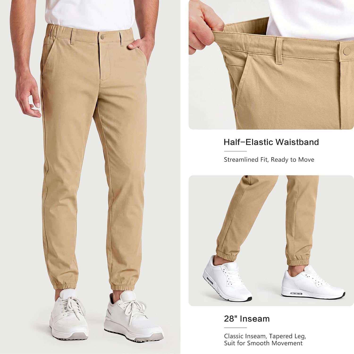 GINGTTO Mens Golf Pants Joggers Slim Fit Tapered Stretch Black 28in Inseam | Lightweight, 4 way Stretch, Athletic fit, Stretch waist, Zipper pockets, Versatile for golf, dress and casual occasions.