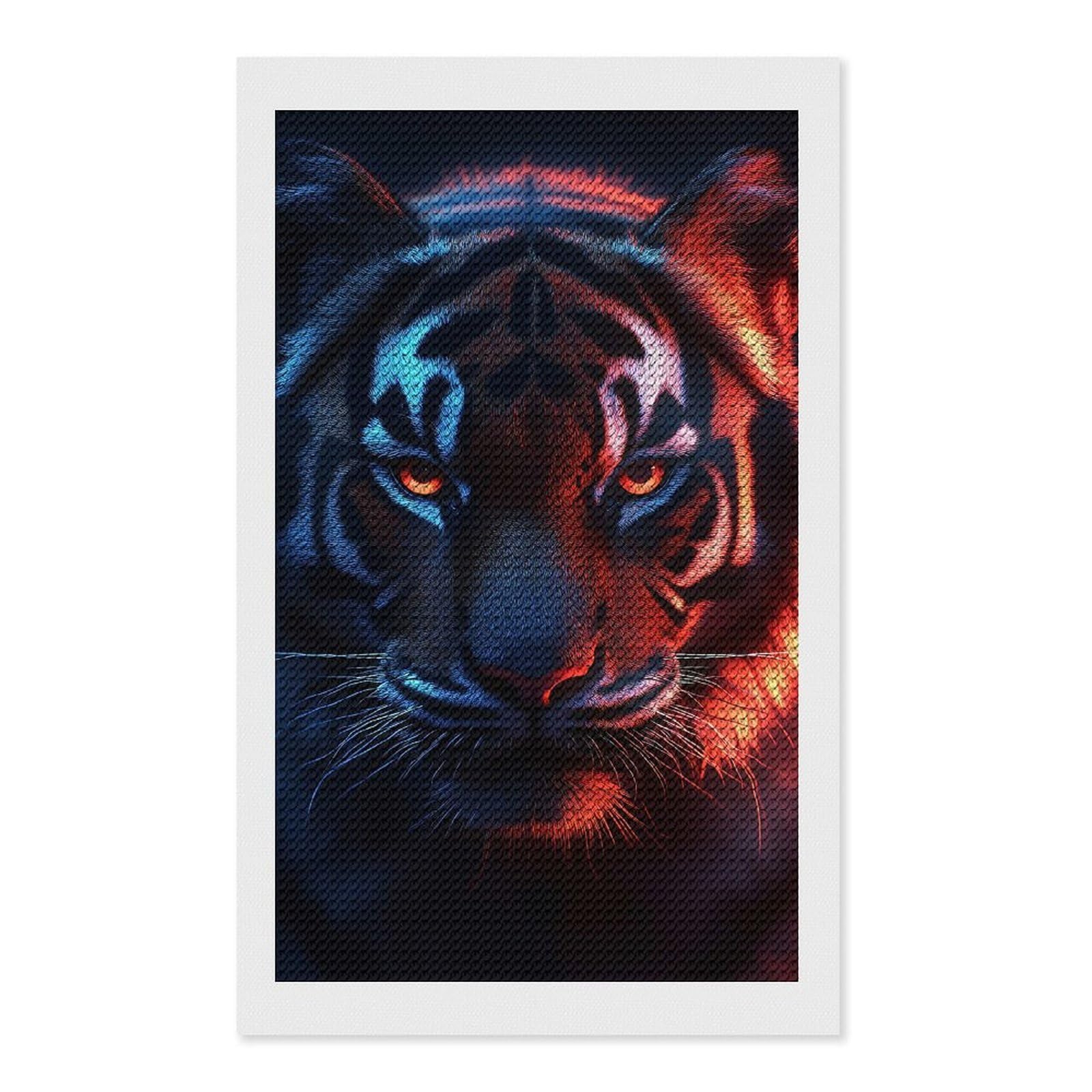 Junmoney Tiger Portrait with Neon Lighting DIY Diamond Art Canvas Kit 12"x20", for Adults, Decorate Your Room, Gift Idea, Modern Decor, Finish and Display