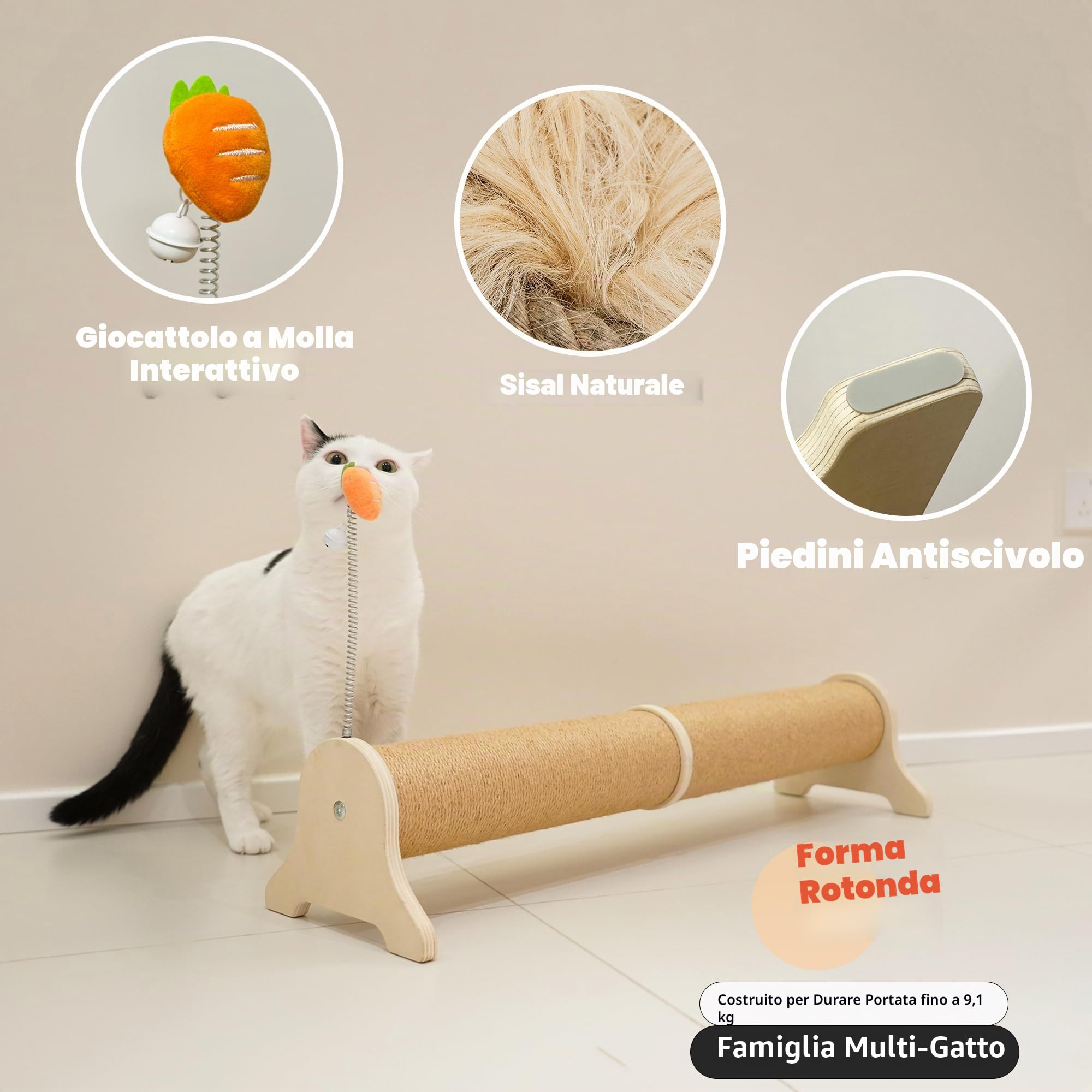 PETKARAY Tiragraffi orizzontale, 76,2 cm, in sisal, grande tiragraffi con giocattolo a molla, protegge i mobili per gattini interni