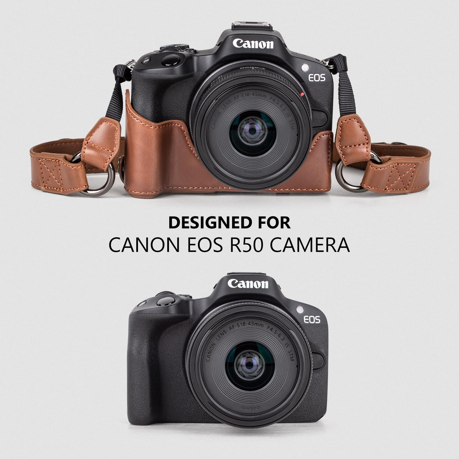 MUZIRI KINOKOO EOS R50 R100 Funda, Funda de Piel PU Retro para cámara Canon EOS R50 R100/EOSR50 R100 DSLR con Apertura Inferior y Correa para el Hombro y Bolsillo de Almacenamiento - café