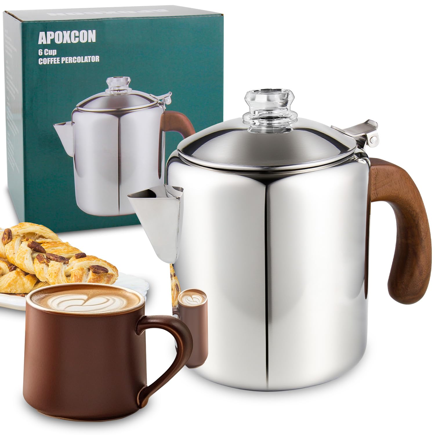 APOXCON Percolateur à café en acier inoxydable avec poignée en bois massif ignifuge et bouton de progression en verre transparent résistant pour le camping, utilisation sur n'importe quelle cuisinière