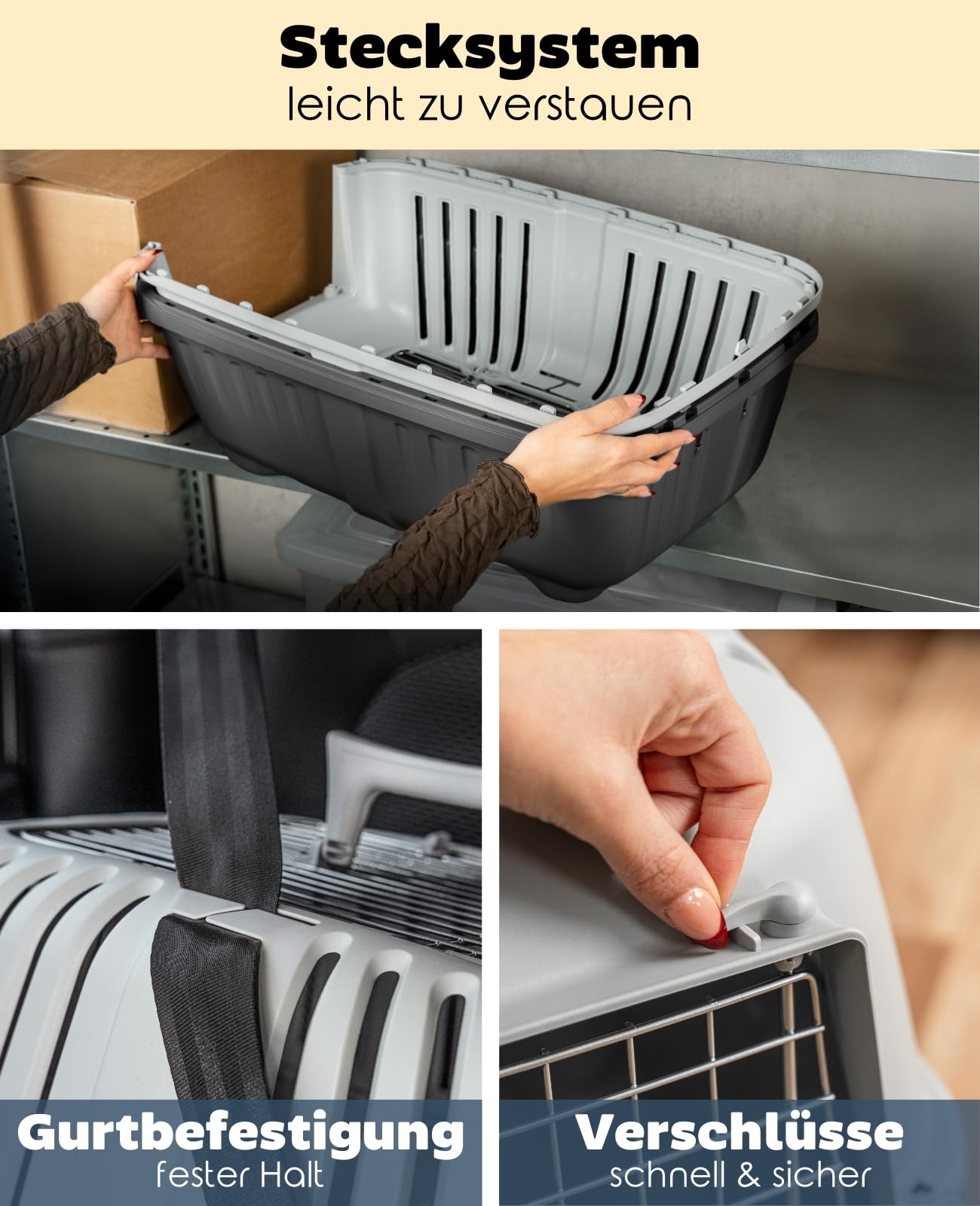 lionto Hundetransportbox aus Kunststoff mit Metallgitter, 58,5x35,5x40 cm, Transportbox mit praktischem Schließsystem & Tragegriff, auch geeignet für Katzen & Kleintiere, für Haustiere bis 15kg, grau