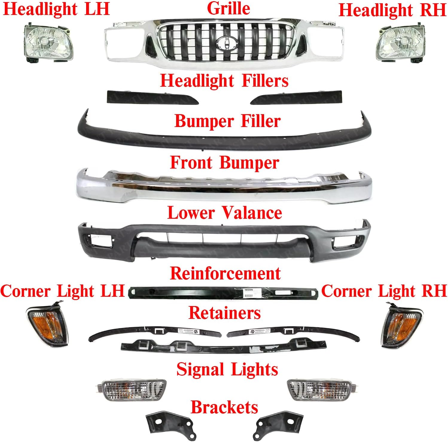 Front Bumper Chrome + Grille + Upper Cover + Lower Valance Primed + Reinforcement + Headlights + Corner & Signal Lights + Fillers + Retainers + Brackets Replacement For 2001-2004 Toyota Tacoma 4WD