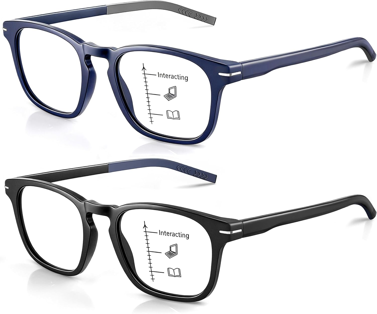 Missfive 2Pack Versatile Progressive Multifocus Reading Glasses Men, Anti-Blue Light Computer Readers, Durable Spring Hinge
