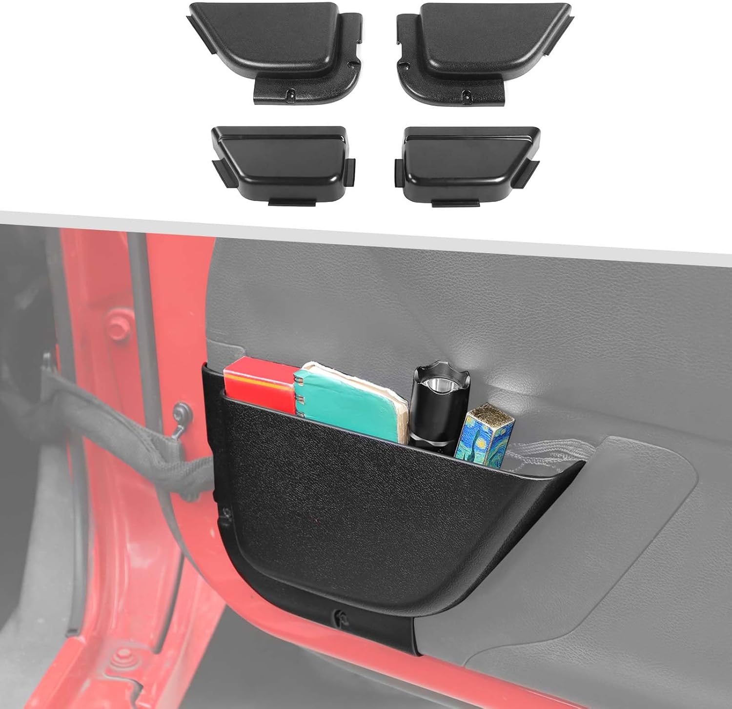 Jimen Fit for Jeep Wrangler JK Unlimited 4 Door 2011-2018, 4PCS Front and Rear Door Pockets Tray Organizer Interior Storage Accessories