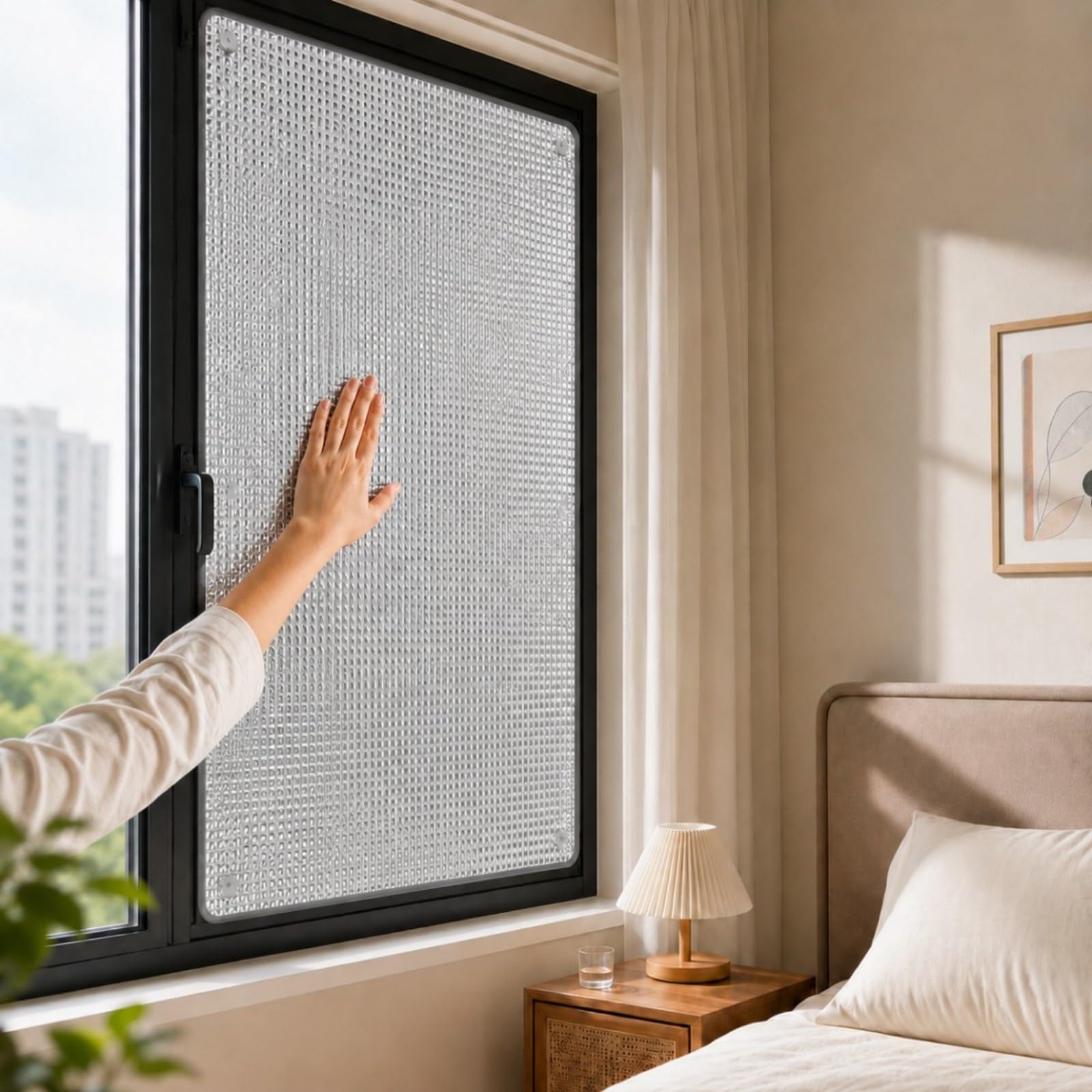 Heat Reflective Window Film, Aluminium Foil Insulation Cover with Suction Cups, Sun Protection Privacy Film for Glass Roof, Sun Room, Balcony and Home Office(Gray Border,135W x 140H cm)