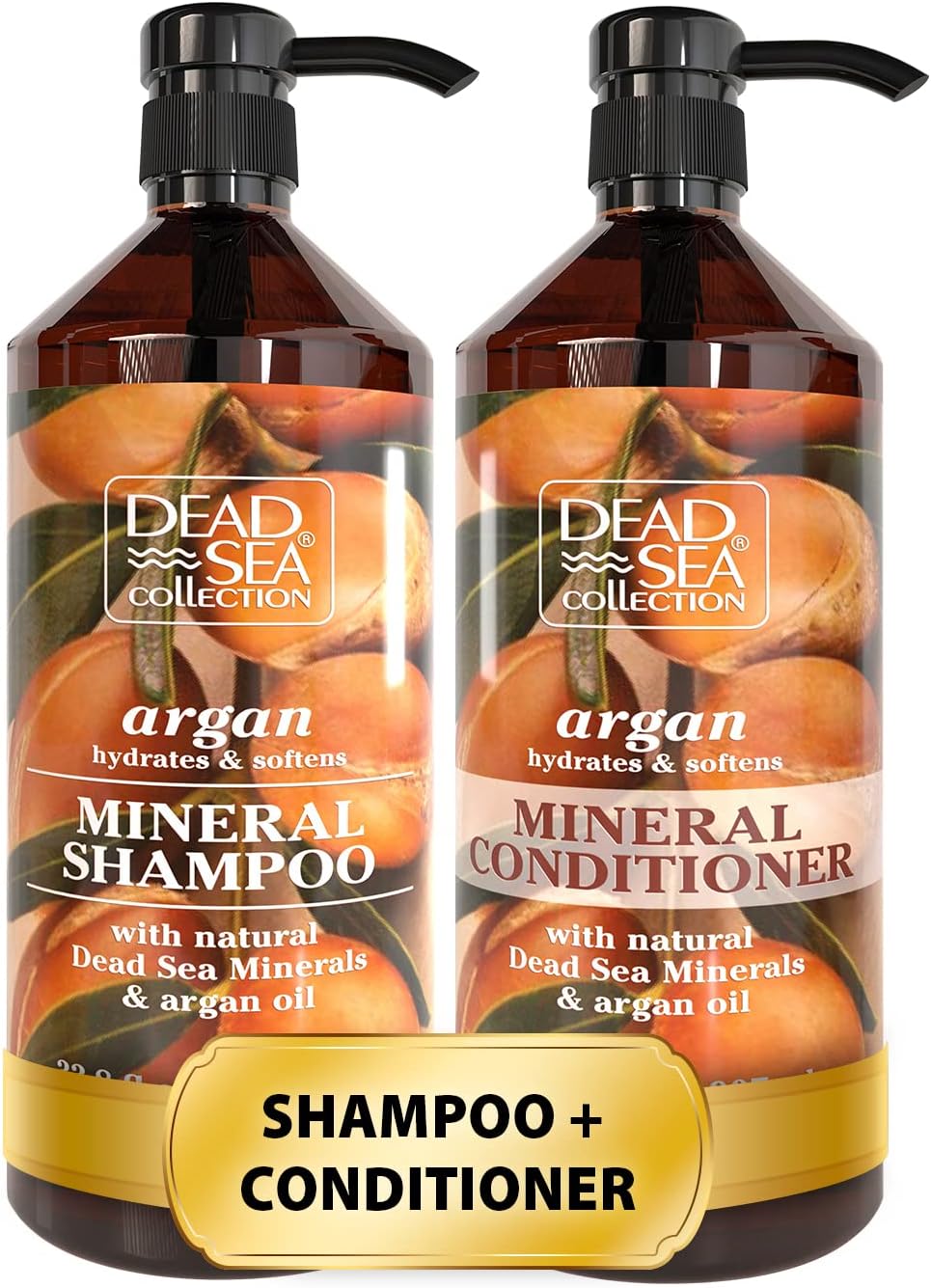 Shampoo and Conditioner Set with Argan Oil โ Hydrating Softening Hair Products with Dead Sea Minerals for All Hair Types โ Set of 2 Bottles (33.8 & 30.6 Fl. Oz.)