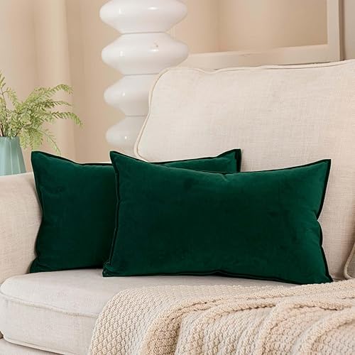 JUSPURBET Juego de 2 fundas de almohada decorativas de terciopelo lumbar de 12 x 20 pulgadas de color verde oscuro, funda de cojín suave con