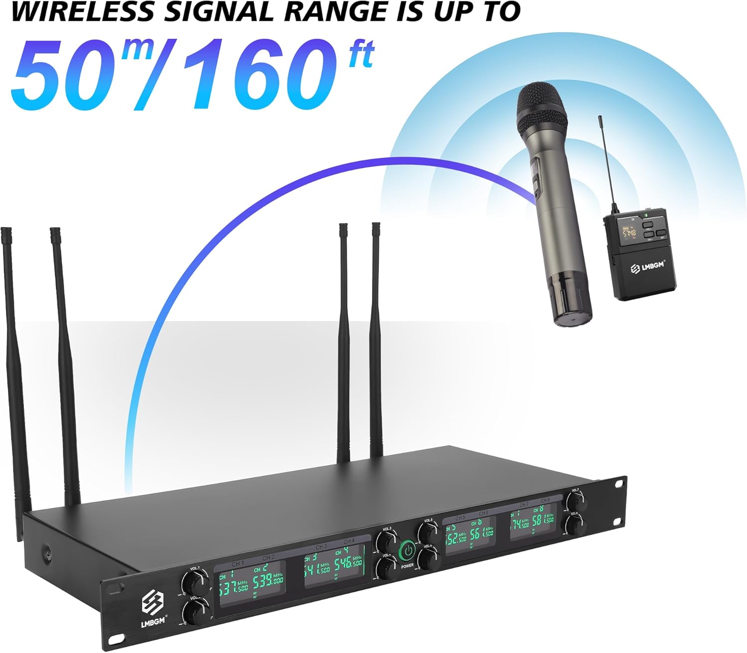 K-25R Wireless Microphone System, 8-Channel UHF Handheld and bodypack Microphones for Stage Performances, Church DJ Weddings and Karaoke (K-27R 4handheld 4bodypack)