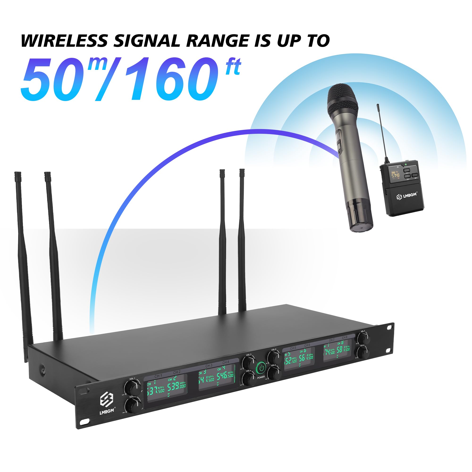 K-25R Wireless Microphone System, 8 canali UHF Handheld and Bodypack Microphones for Stage Performances, Church DJ Weddings and Karaoke (K-26R 8bodypack)