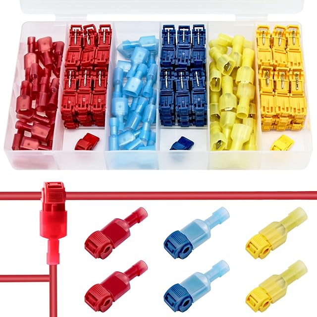 120 Pcs T-Tap Wire Connectors, T Tap Electrical Wire Terminals Kit Quick Splice Crimp Connectors Insulated Male Quick Disconnect Terminals