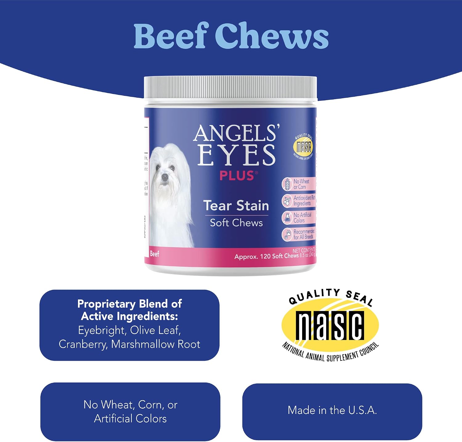 Angels’ Eyes PLUS Tear Stain Prevention Soft Chews for Dogs | 120 ct Beef Flavor| For All Breeds | No Wheat No Corn | Daily Supplement | Proprietary Formula