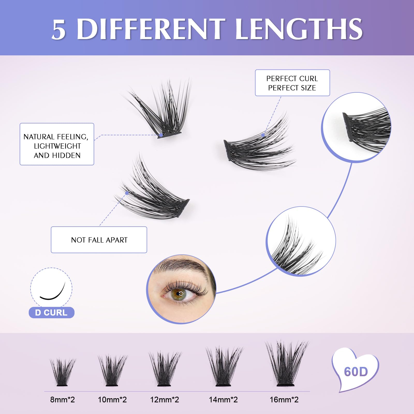 Oreola Lashes 60D Cluster Lashes Natural 0.07 D Curl 8-16MM Wispy Soft False Eyelashes Extension At Home, black - Image 4