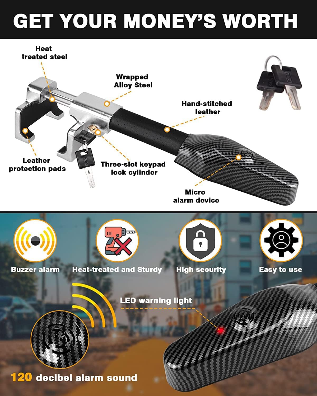 XhuangTech Antivol de Volant avec Alarme, très résistant, antivol de Voiture, prévention du vol de Voiture, Ajustement Universel pour véhicule, Camion, camionnette, VUS