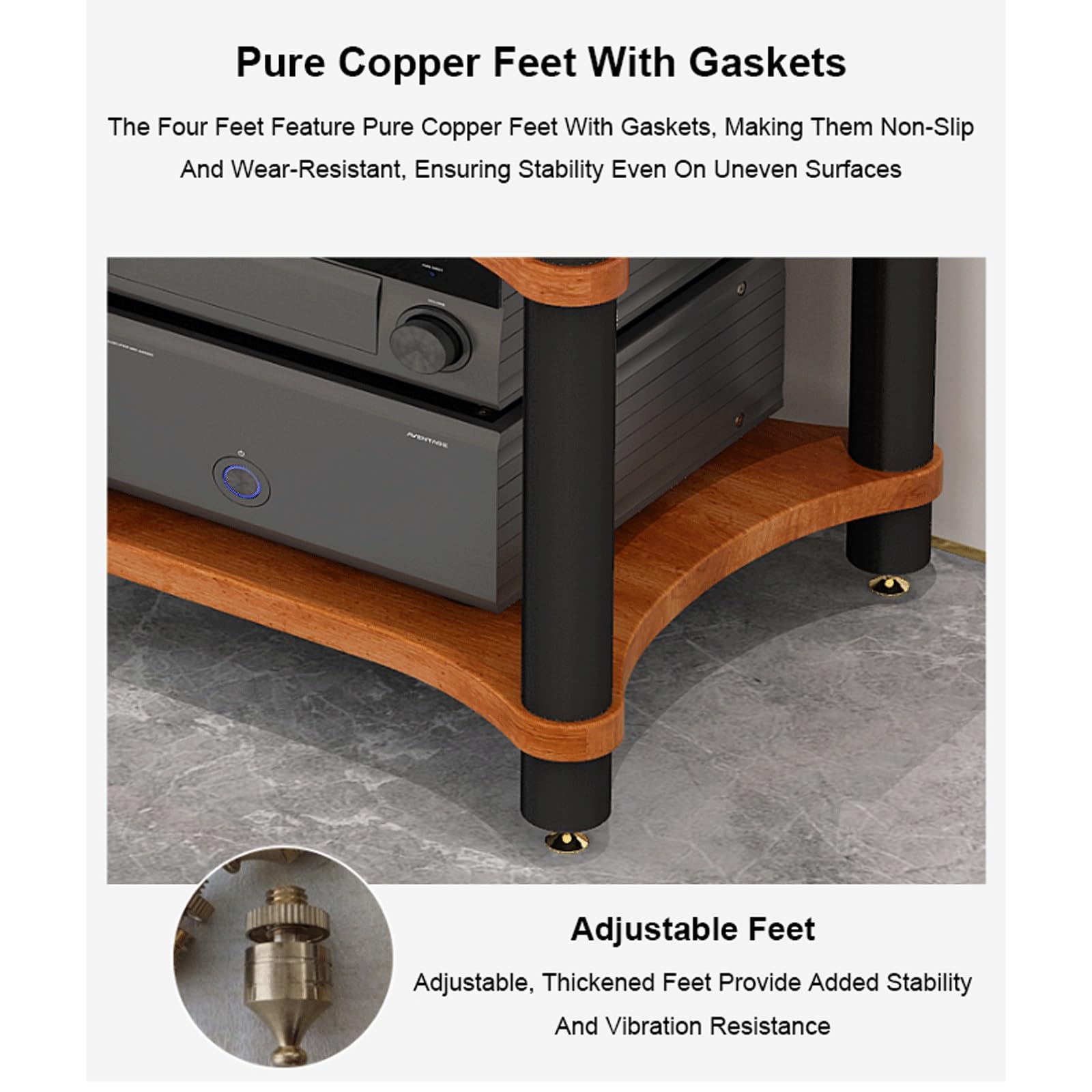 Meuble Hi-FI à 3 Niveaux avec Pieds amortisseurs, Rack Audio-vidéo en Bois pour Platine CD et Vinyle, élégant Meuble de Salon, Finition Noire, Support Robuste pour équipement Audio.