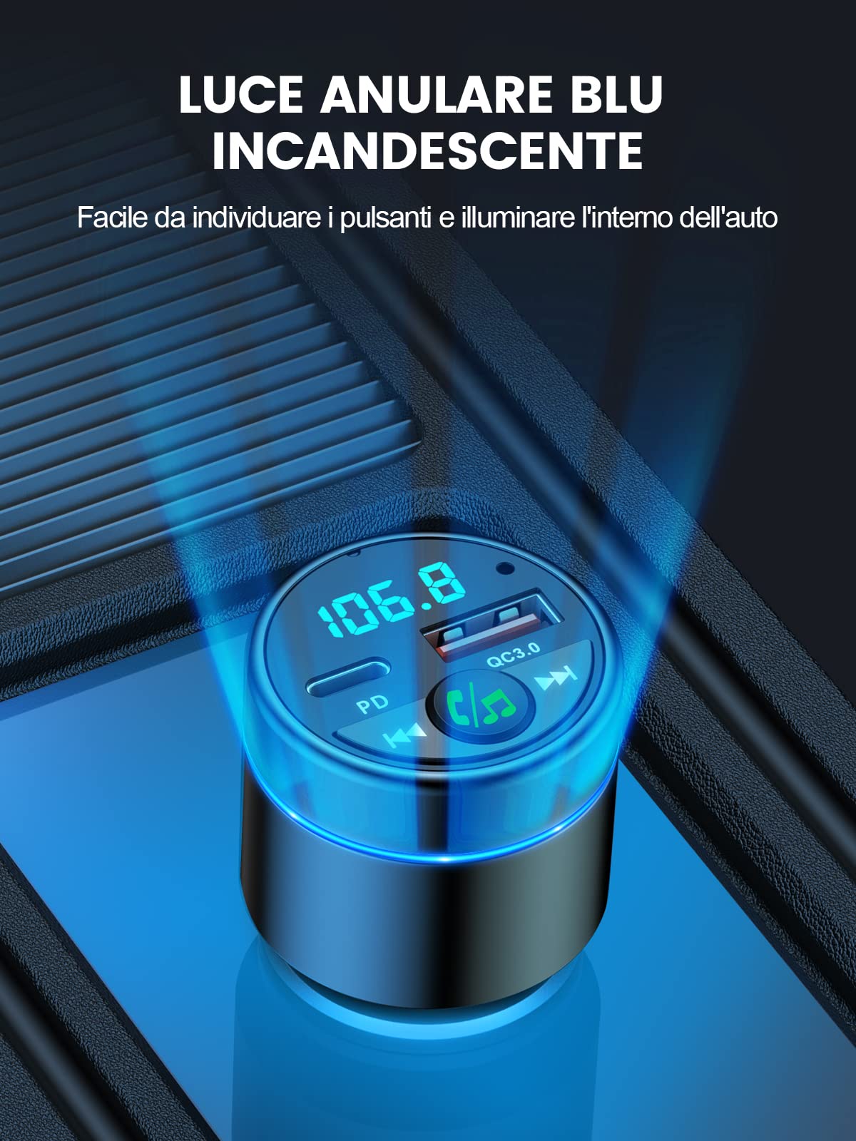 Mohard [Carcassa in Metallo] Bluetooth 5.3 Auto Trasmettitore FM, PD 30W & QC3.0 18W Ricarica Rapida Adattatore Bluetooth Auto Accendisigari, Amplificatori Multicanale Musica Hi-Fi & Chiamate Vivavoce