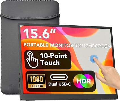 IBW 15.6" Portable Monitor Touchscreen,1080P FHD IPS Travel Monitor with Tempered Glass, 10-Point Touch, Dual Speakers & Kickstand, USB-C HDMI External Monitor for Laptop MacBook Phone PS5 Switch Xbox