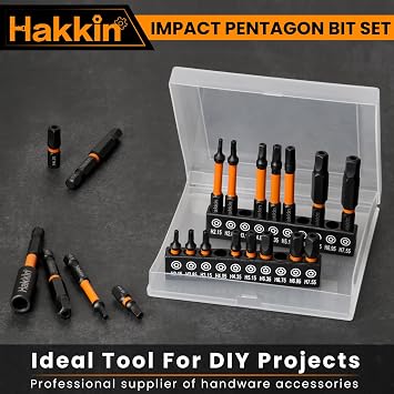 Hakkin 21Pcs Pentagon Screwdriver Bits Set | S2 Steel Security Tamper Proof Pentagonal Drive Bit | 1/4” Hex Shank for Electric Hand Screwdrivers 60mm 25mm with Bit Extension Holder
