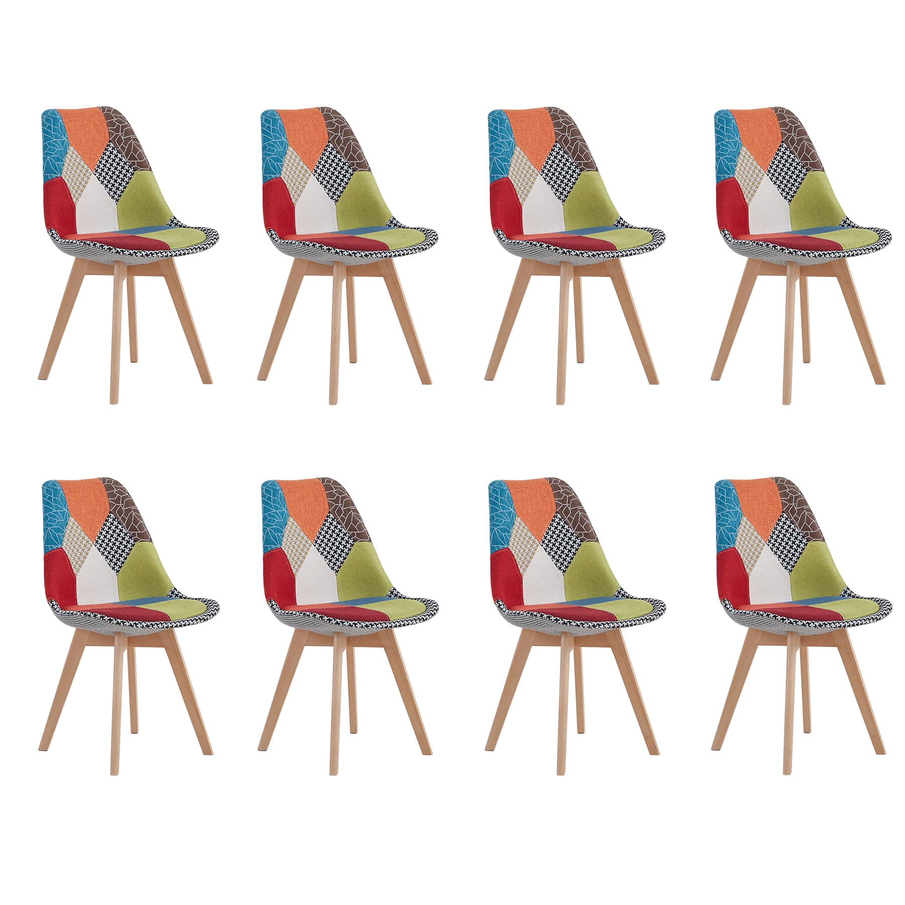 HJhomeheart Set di 8 Sedie da Pranzo in Tessuto Patchwork con Gambe in Legno Massello, Sedie da Pranzo Imbottite per Sala da Pranzo, Soggiorno, Cucina (Rosso-Nuovo)