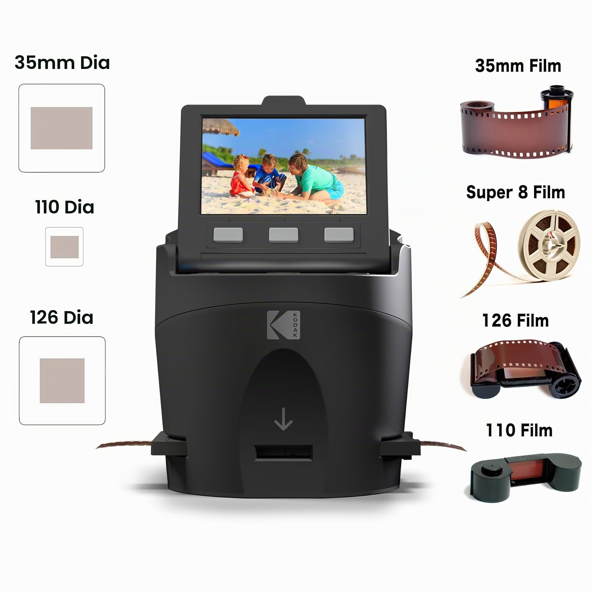 KODAK Digital Film Scanner 35mm 126 110 Super 8 8mm JPEG 3,5-Zoll LC-Display EasyLoad RODFS35 Schwarz