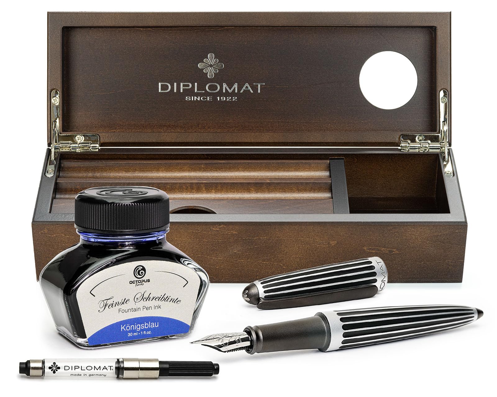 Diplomat Aero Stripes Black, l'innovant stylo-plume avec plume en acier inoxydable M et encre d'écriture bleu royal (effaçable),parure avec un plumier en bois précieux de wenge