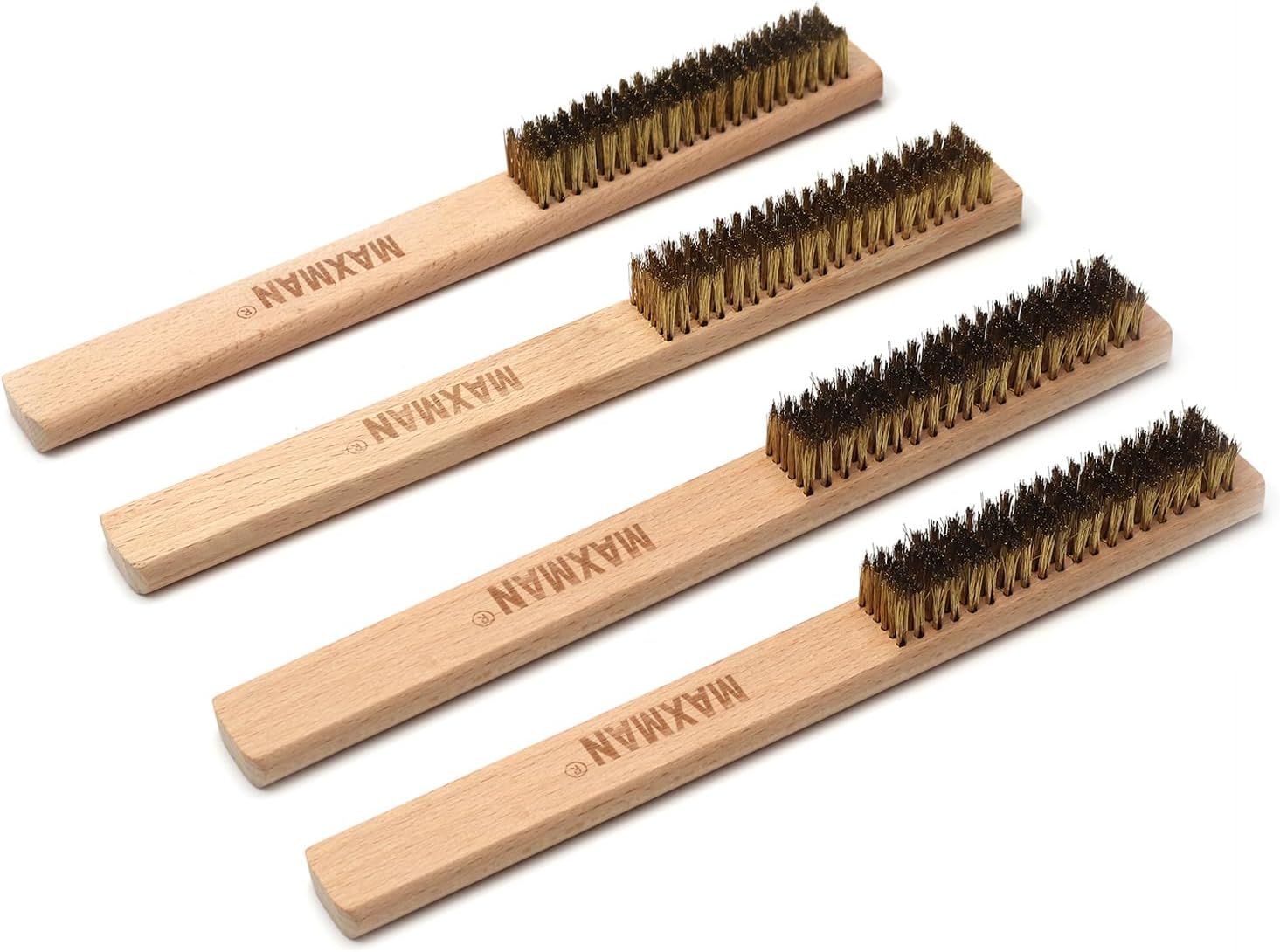MAXMAN Brass Brush Set 4Pcs, Soft Brass Bristle Wire Brushes with 10 Inch Natural Beechwood Handle, Metal Brush, Wire Brush for Cleaning Rust, Metal Surface, Kitchen, Automotive, Welding, Removes Lint