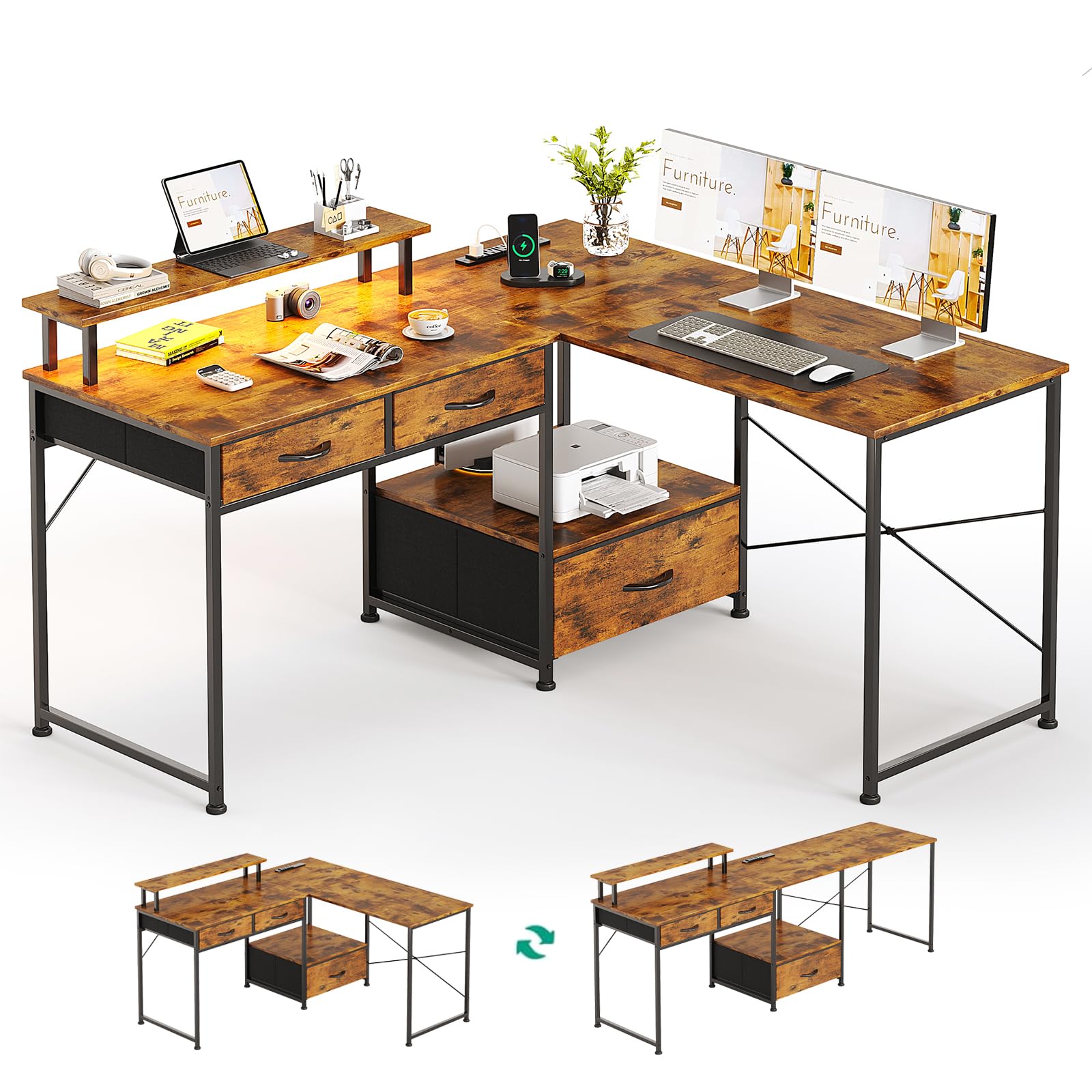 MUTUN 50.4" L Shaped Desk with Power Outlet & LED Light, 78" Two Person Desk, Corner Desk with Drawers and Printer Stand, Compter Gaming Desk with Storage, Rustic Brown