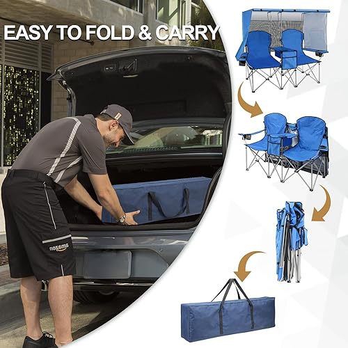 Miniatura 5 de BESTHLS Silla de campamento de doble toldo con sombra, sillas plegables de dos plazas con soporte para tazas, bolsa refrigeradora, bolsa