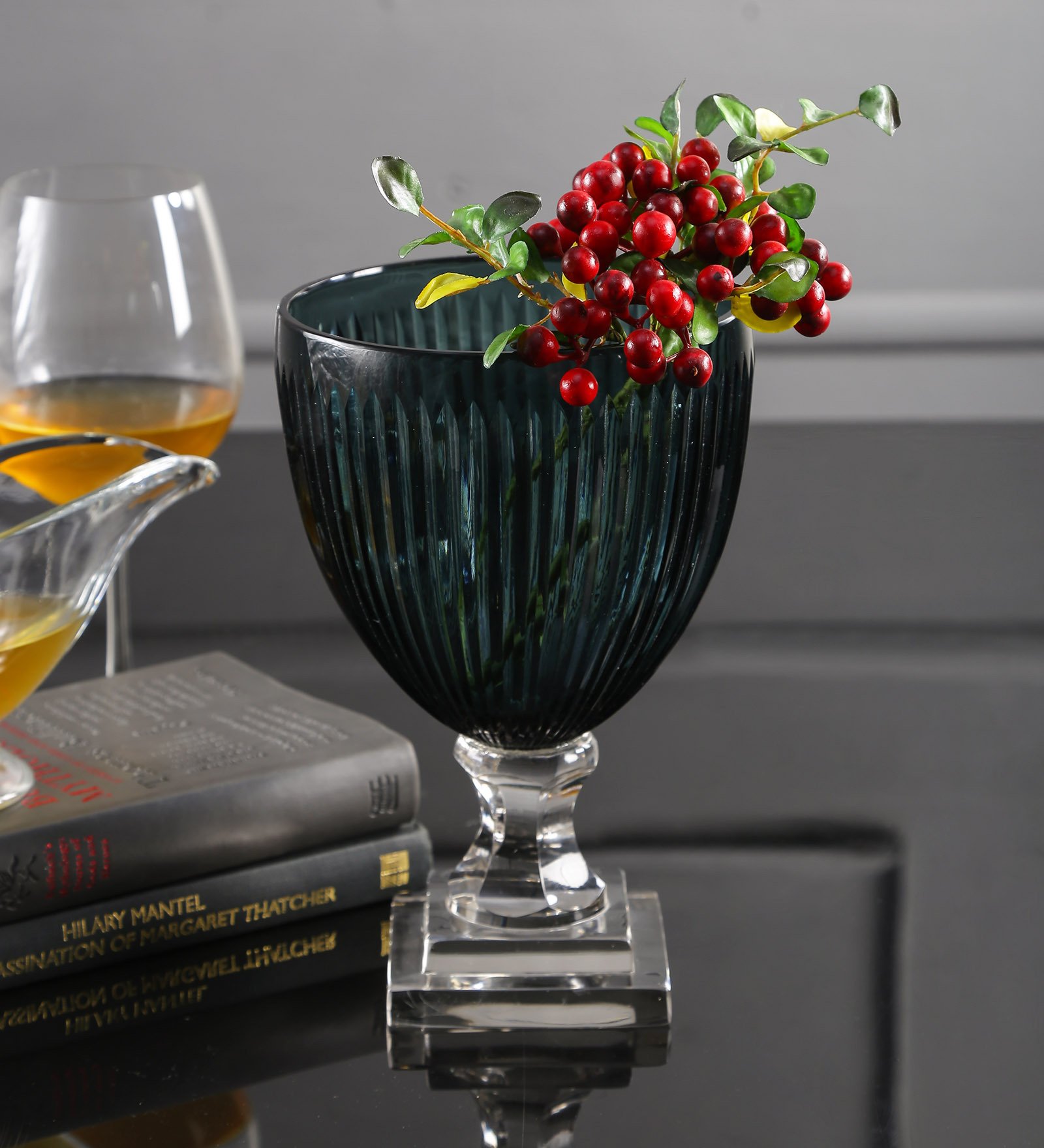 SWHF Crystal Glass Flower Vase and Table Center Piece: Night Blue, of Glass Made in India