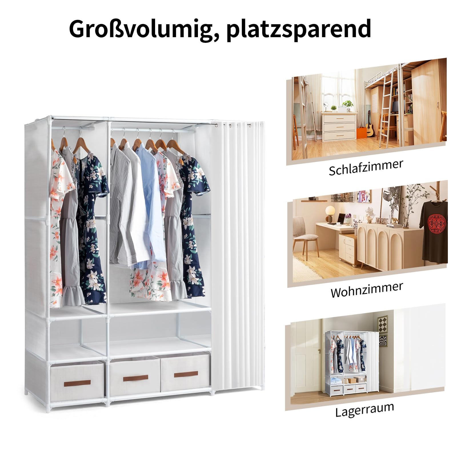 Alightup Armoire de Rangement avec Rideau, Penderie, Dressing, Armoire Métallique, avec Barres de Suspension, Porte-vêtements, pour Vestiaire, Chambre, 144 x 45 x 166 cm (Blanc, 144 x 45 x 166 cm)