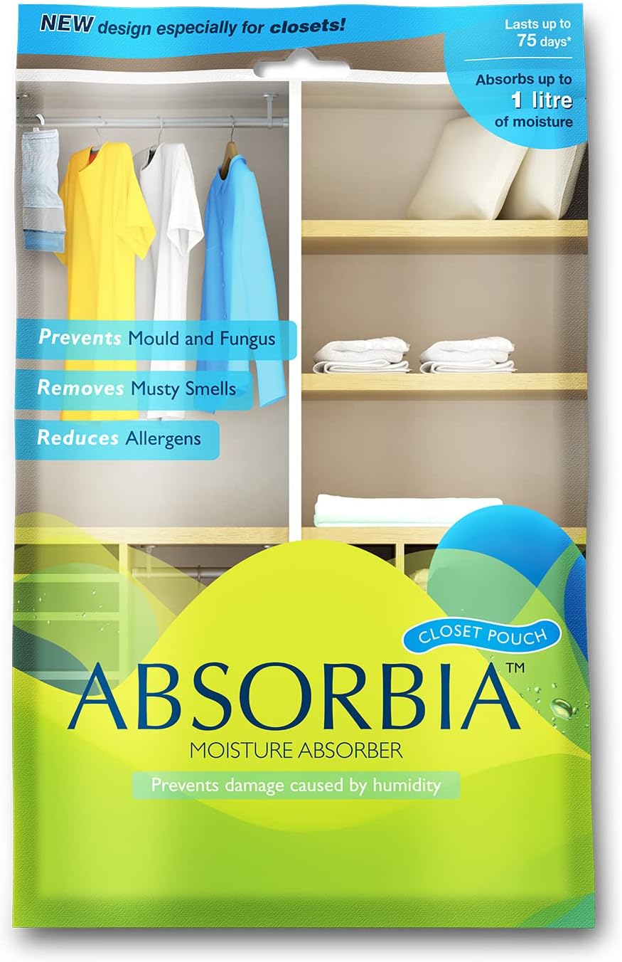 Absorbia Moisture Absorber| Absorbia Hanging Pouch 440 gms | Absorption Capacity 1000ml each | Dehumidifier for Wardrobe, Closet & Bathroom| Fights Against Moisture, Mould, Fungus & Musty Smells