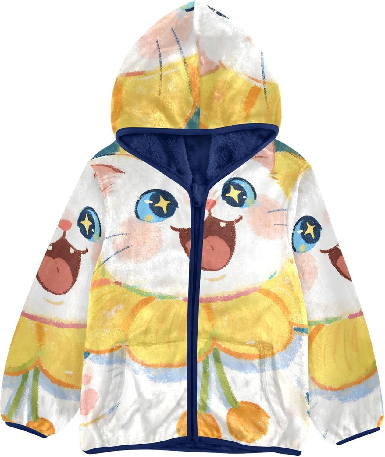 Cute Cartoon White Cat Toddler Fleece Jacket Children Plush Outerwear Navy Blue Baby Boys Fall Fleece Jacket
