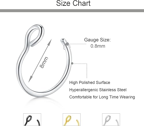 Miniatura 2 de D.Bella Anillo de nariz falso, 0.71oz, joyería de piercing de 0.31 pulgadas, aro de nariz falso para labios, septum y nariz, juego de anillos