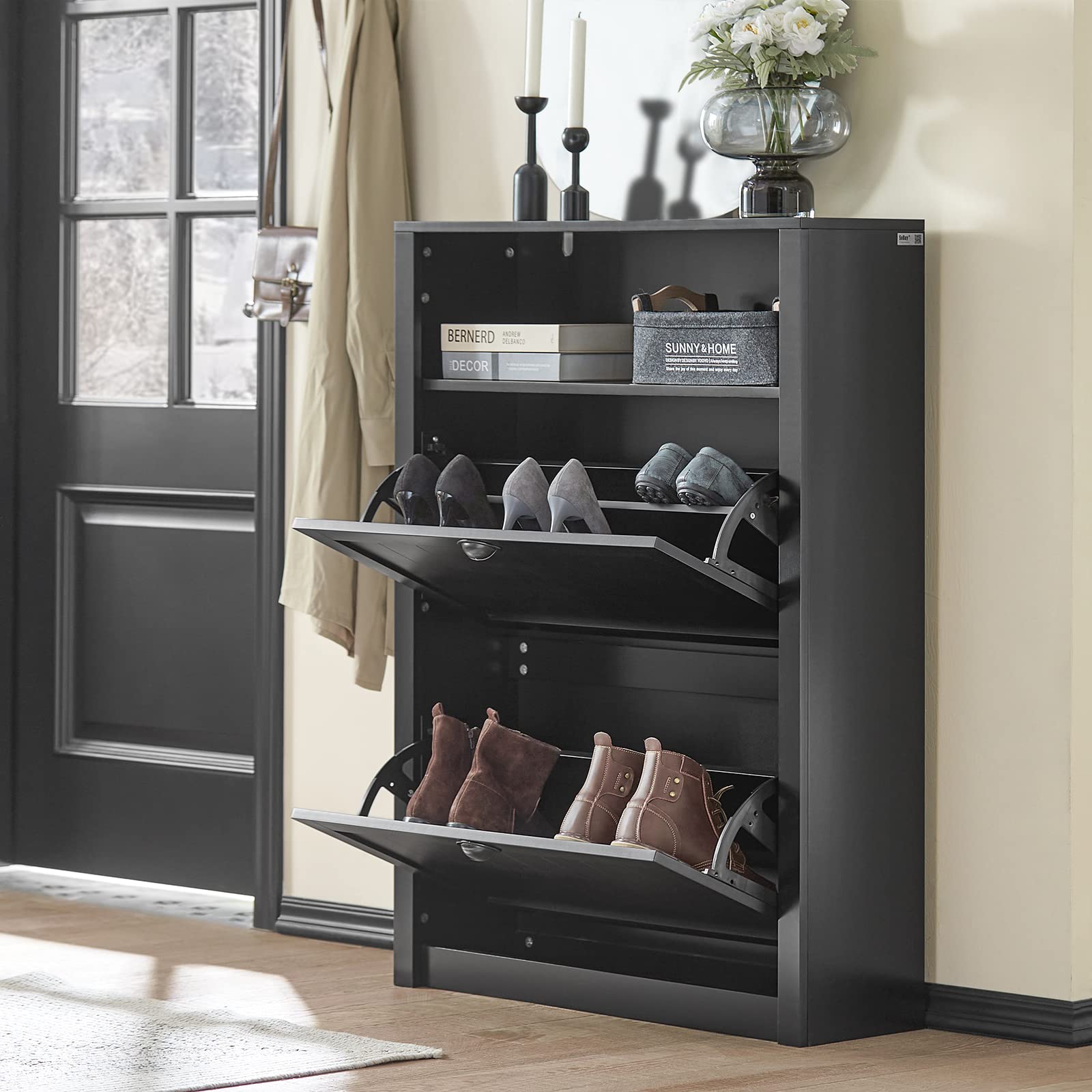 SoBuy FSR87-W schoenkipper schoenkast smal met 2 kleppen schoenrek met 4 opbergvakken schoencommode met extra vak schoenenrek Wit BHT ca.: 80x110x24cm