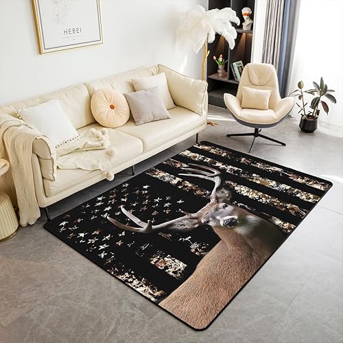 Juego de alfombras de camuflaje para sala de estar, diseño de ciervos y cuernos de bandera estadounidense, para niños y niñas, alfombra decorativa