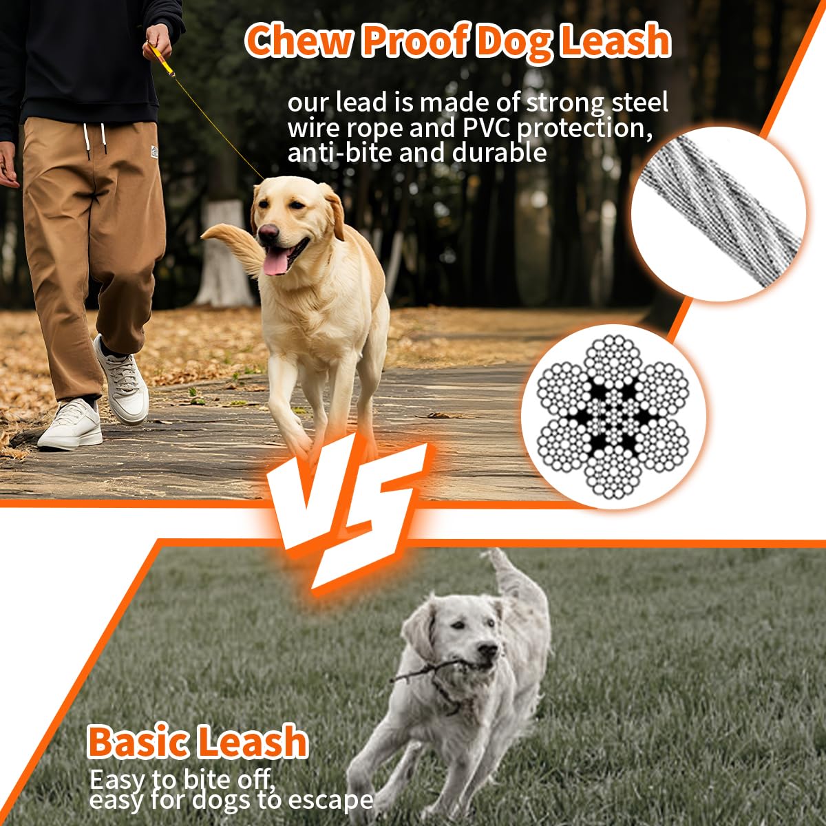 Mi Metty Dog Leash for Dogs Up to 250 Pound,Heavy Duty Leash Made of Coated Wire Rope for Large and Medium Dogs,Dog Tie Out Cable with Soft Silicone Grip.Dog Chains (Orange - Image 4