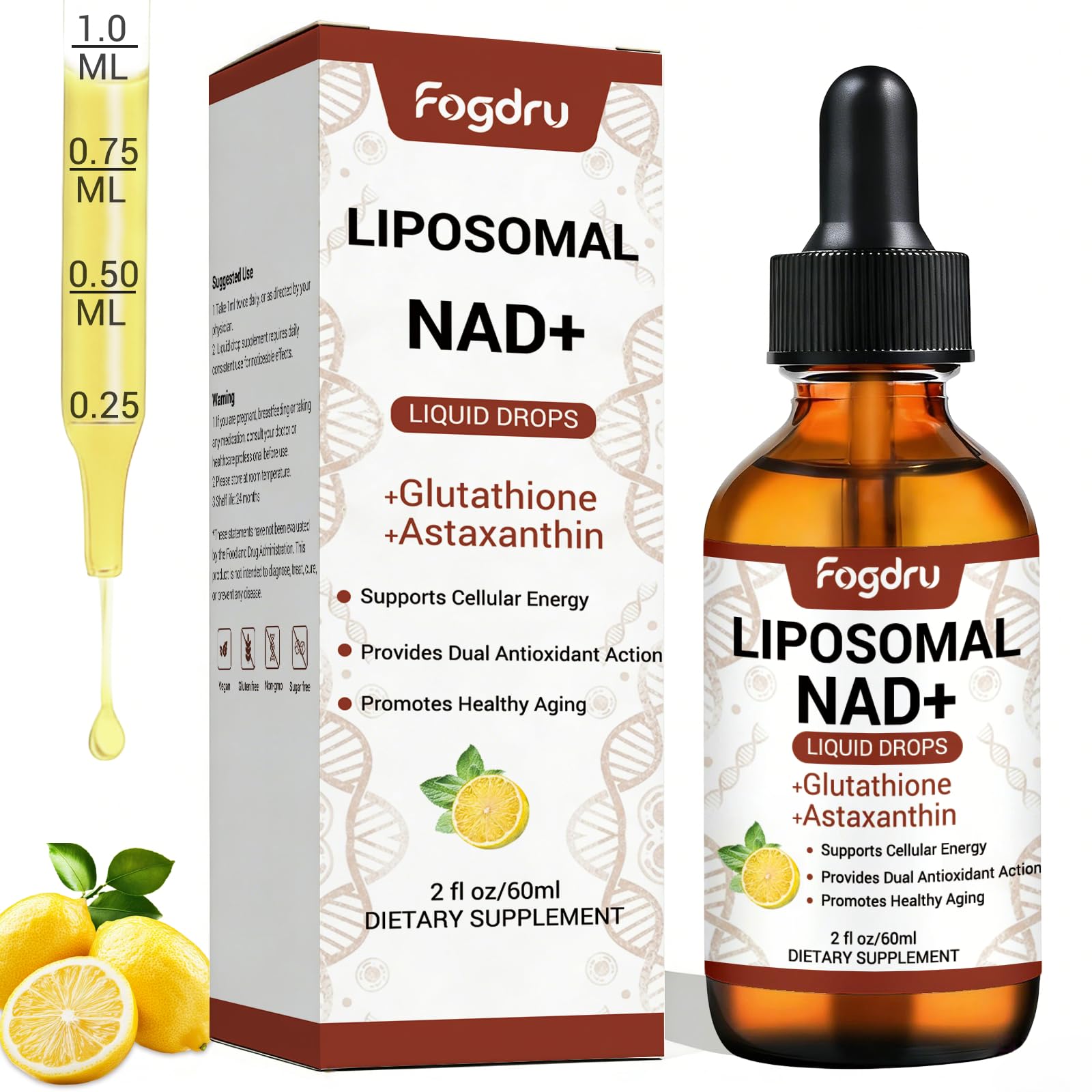 Liposomal NAD+ Liquid Drops with Glutathione & Astaxanthin for Cellular Energy, Dual Antioxidant & Healthy Aging Support, Vegan Non-GMO Sugar-Free, Lemon Mint Flavor, 2 fl oz (60ml)